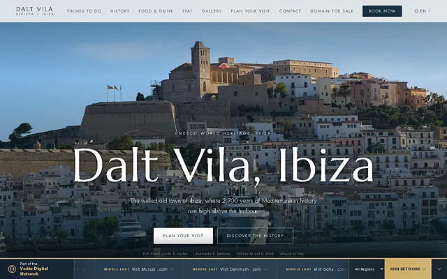 Screenshot of the daltvilaibiza.com homepage: the walled old town of Dalt Vila with its cathedral tower above white houses, titled Dalt Vila, Ibiza